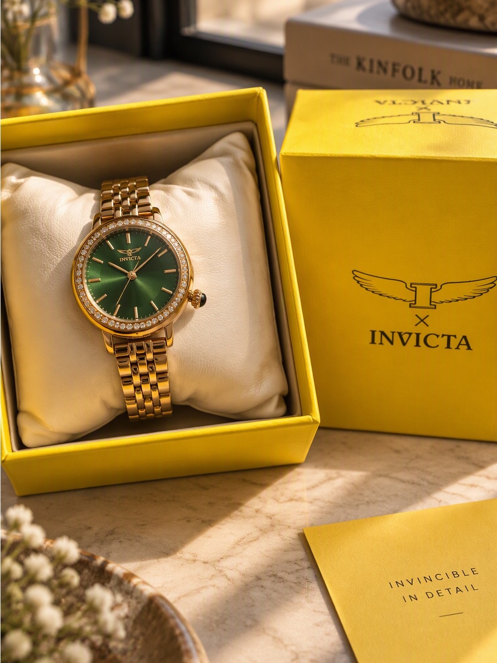 Invicta Gold Tone Women's Watch with Emerald Green Dial and Crystal Bezel